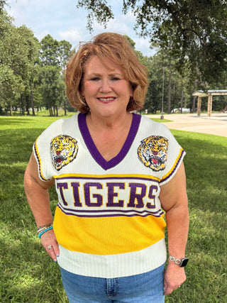 QoS LSU Licensed Double Mascot V Neck Sweater Vest