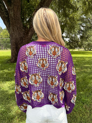 Queen of Sparkles Purple Crochet Sequin Tiger LSU Top