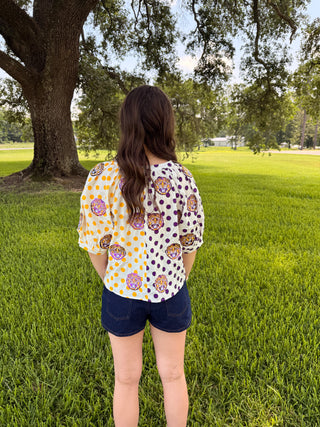 QoS Licensed LSU Mascot Polka Dot Color block Button Top