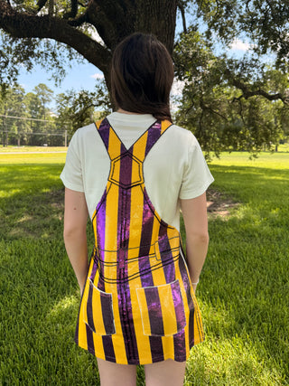 QoS LSU Purple and Gold Sequin Stripe Overall Tee Dress