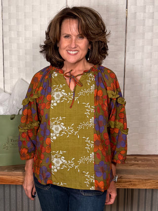 Voy 3/4 Sleeve Ruffled Detail Printed Top