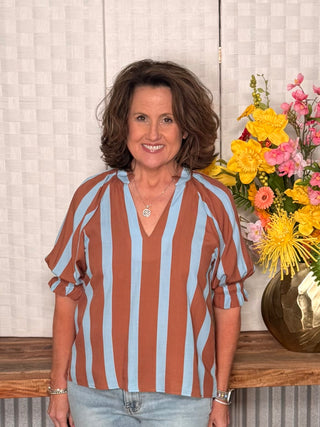 THML Striped Brown and Blue Striped V Neck Top