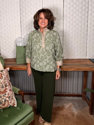 Voy Quarter Button Down Contrast Band Paisley Top