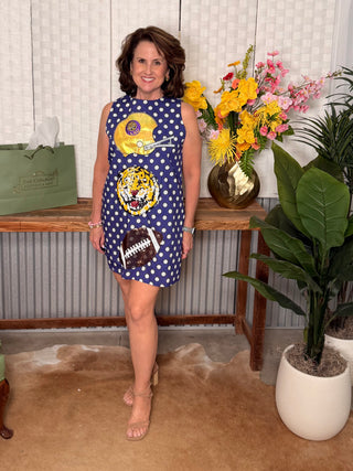 QoS Licensed LSU Football & Helmet Polka Dot Dress