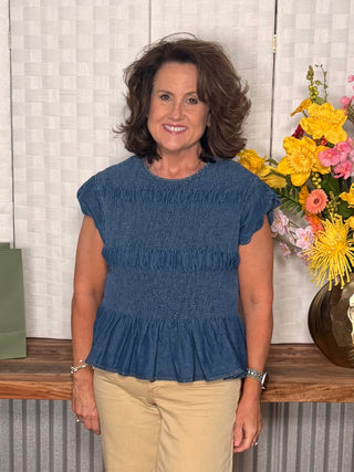 Umgee Chambray Scalloped Sleeve Smocked Top