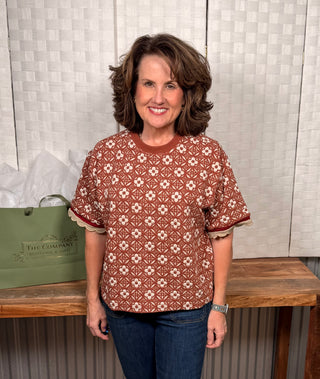 Umgee Short Sleeve Jacquard Jersey Top