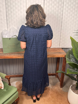 Navy Eyelet Midi Dress