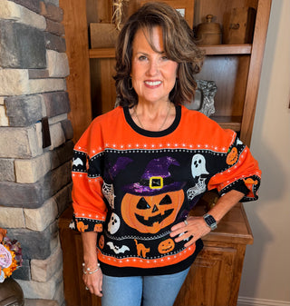 Queen of Sparkles Black & Orange Stripe Color block Pumpkin Sweatshirt