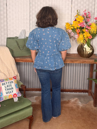 Easel Washed Denim Cherry Print Bubble Sleeves Top