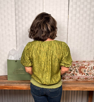Voy Olive Textured Floral Blouse