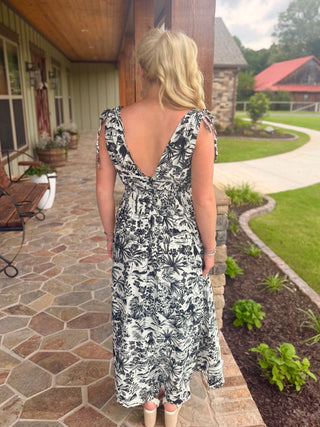 Midnight Palm Ruffle Maxi Dress
