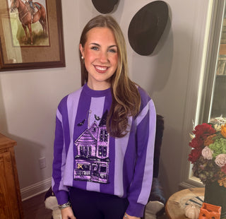 Queen of Sparkles Purple Striped Haunted House Sweater