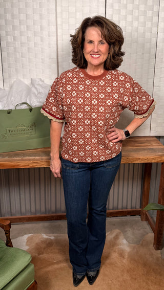Umgee Short Sleeve Jacquard Jersey Top
