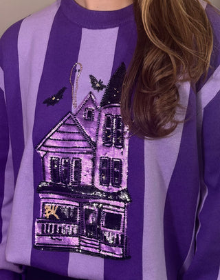Queen of Sparkles Purple Striped Haunted House Sweater
