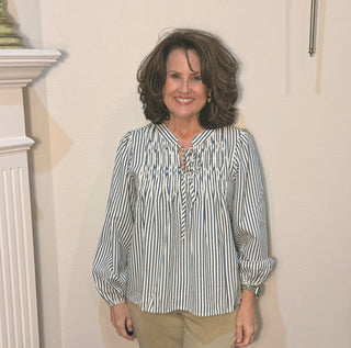 She & Sky Blue & Ivory Stripe Bow Blouse