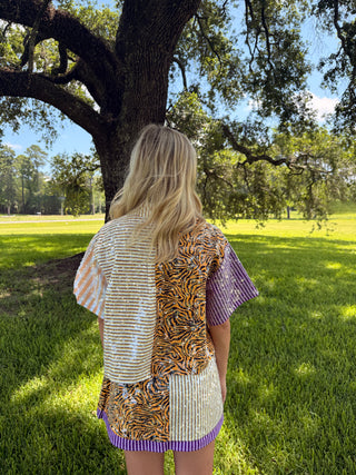 QoS Purple Yellow and Tiger Colorblock Sequin Short