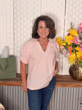 Umgee Blush Seersucker Puff Sleeve Top