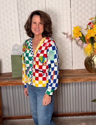 Queen of Sparkles Rainbow Checkered School Button Up Cardigan