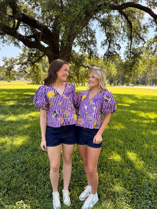 QoS Licensed LSU Striped Sparkle Bubble Sleeve Cotton Ruffle Top