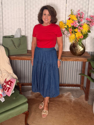 Easel Polka Dot Denim Bubble midi skirt