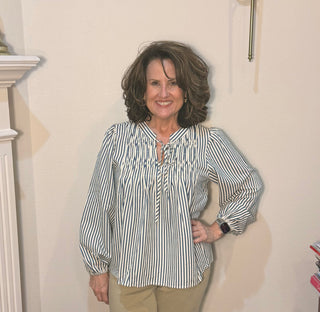 She & Sky Blue & Ivory Stripe Bow Blouse