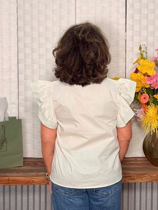 She & Sky Flutter Sleeve Embroidery Top