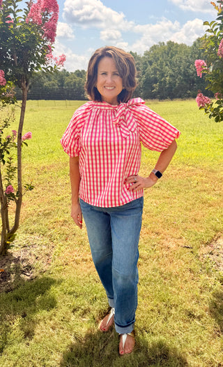 THML Pink Gingham Tie Top