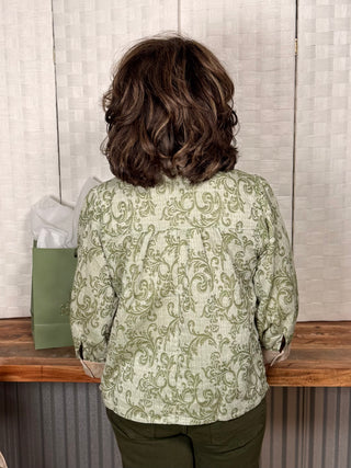 Voy Quarter Button Down Contrast Band Paisley Top