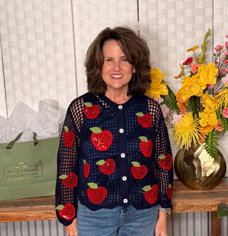 Queen of Sparkles Crochet Navy and Red Sequin Apple Cardigan