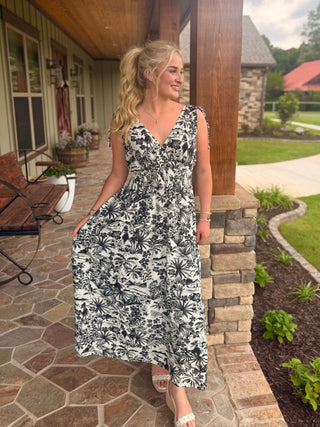 Midnight Palm Ruffle Maxi Dress