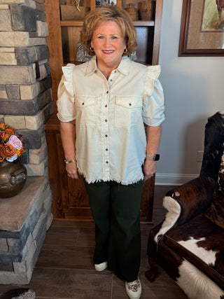 Linen Button Up Shirt with Frayed Hem and Gathered Sleeves