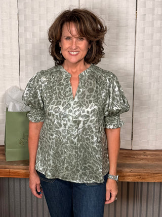 Voy Olive Smocked Short Sleeve V Neck Animal Print Top