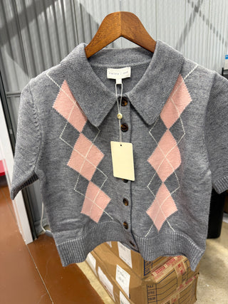 Entro Retro Grey and Pink Short Cardigan Sweater