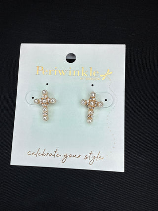 Pearl & Crystal Cross Stud Earrings