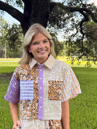QoS Purple Yellow and Tiger Colorblock Sequin Top