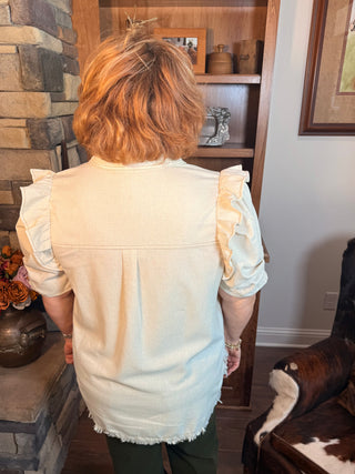 Linen Button Up Shirt with Frayed Hem and Gathered Sleeves