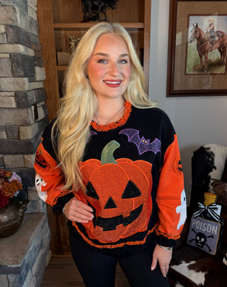 Queen of Sparkles Multi Ruffle Lace Trim Pumpkin & Bat Sweatshirt