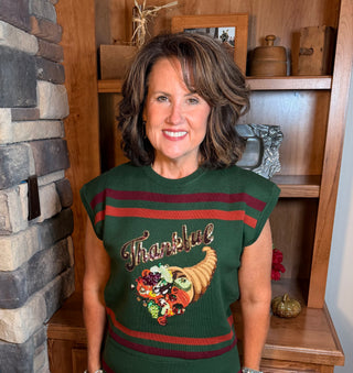 Queen of Sparkles Rich Green Cornucopia Thankful Sweater Vest