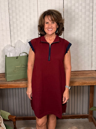 Umgee Burgundy Sweater Dress with Blue Contrast