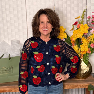Queen of Sparkles Crochet Navy and Red Sequin Apple Cardigan