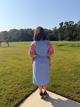 THML Blue Gingham Embroidered Midi Dress