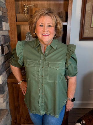 Linen Button Up Shirt with Frayed Hem and Gathered Sleeves