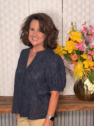 Voy Cover Button Down Floral Textured Top