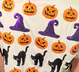 Queen of Sparkles White Pumpkin, Cat & Witch Hat Tee