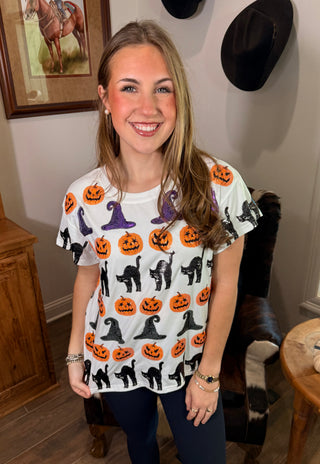 Queen of Sparkles White Pumpkin, Cat & Witch Hat Tee
