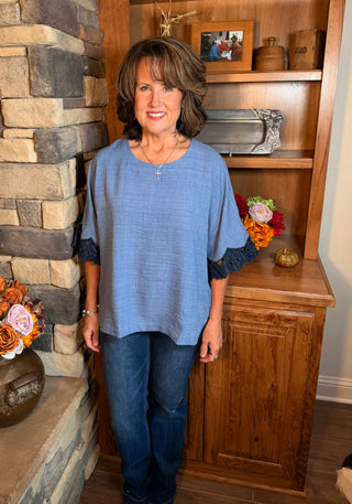 Blue Sheath Top with sleeve appliques