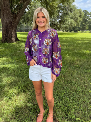 Queen of Sparkles Purple Crochet Sequin Tiger LSU Top