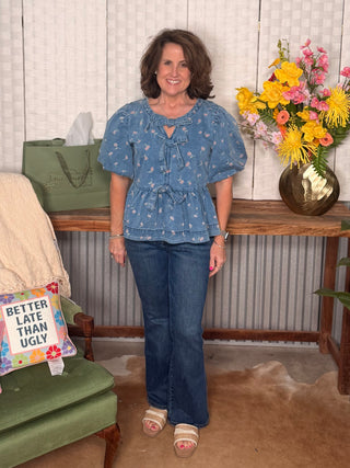 Easel Washed Denim Cherry Print Bubble Sleeves Top