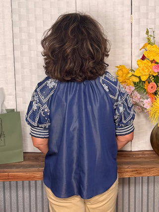 Navy Embroidered Statement Blouse