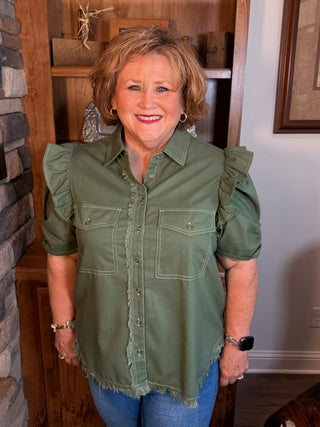 Linen Button Up Shirt with Frayed Hem and Gathered Sleeves